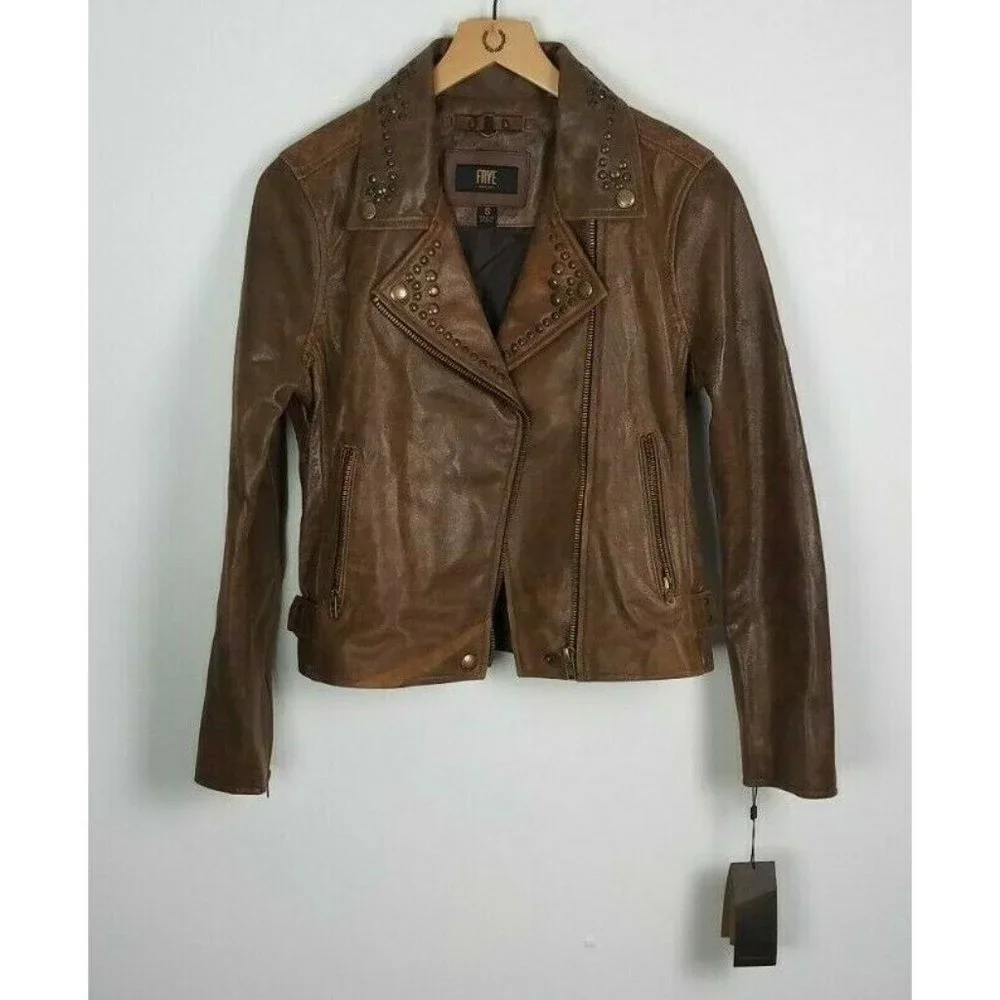 Frye Sz. S Lamb Leather Biker Stud Brown Jacket Zip Sleeves Interior Pocket NEW